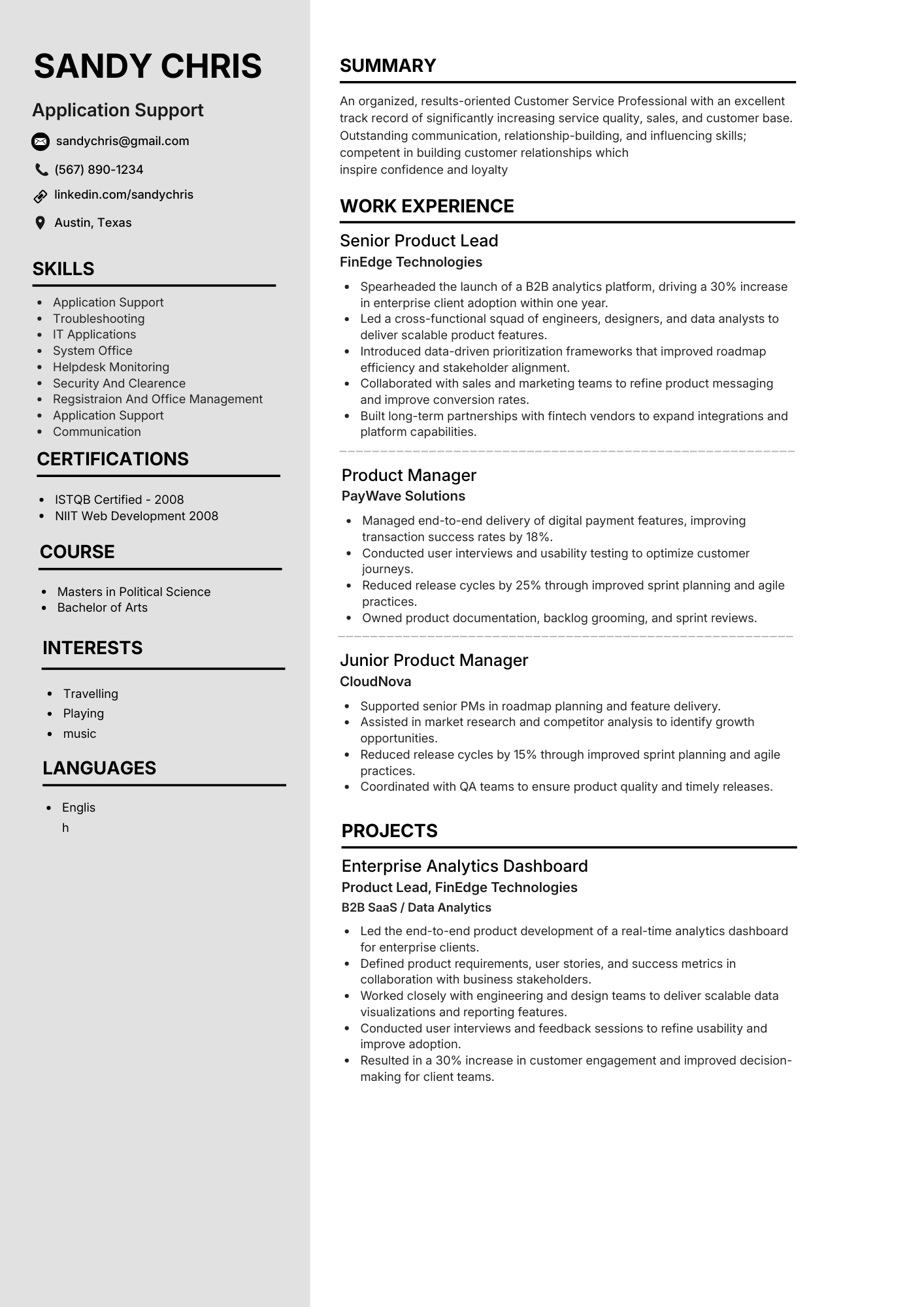 Application support resume template with a clear two-column layout, skills sidebar, and ATS-friendly headings.