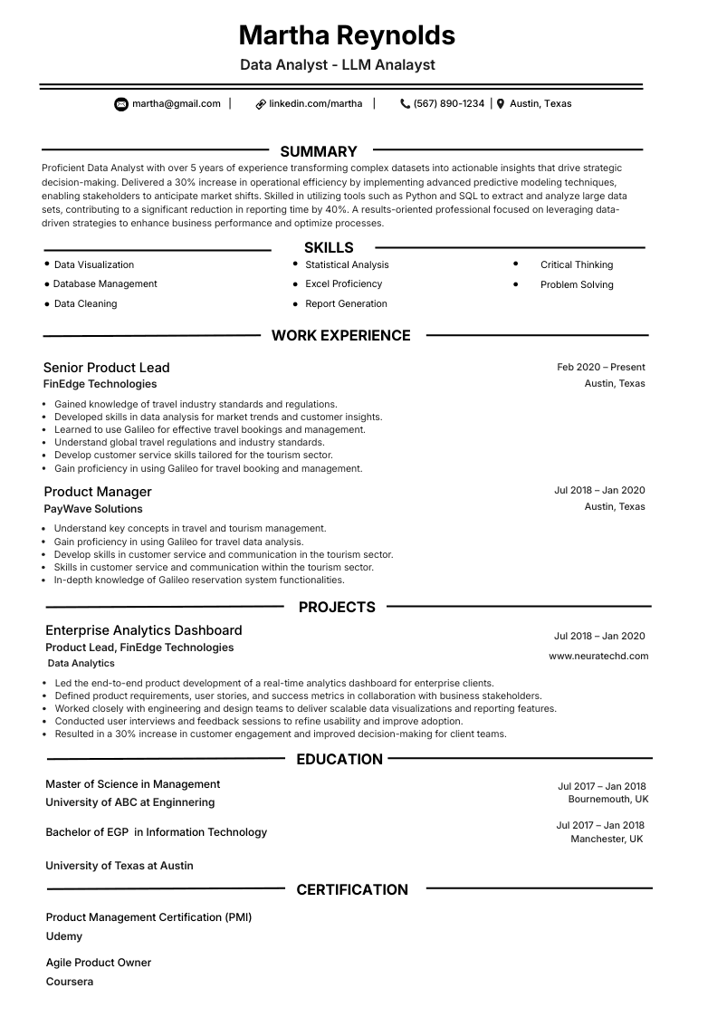 Data analyst resume template with single-column structure, skills columns, and readable work experience blocks.