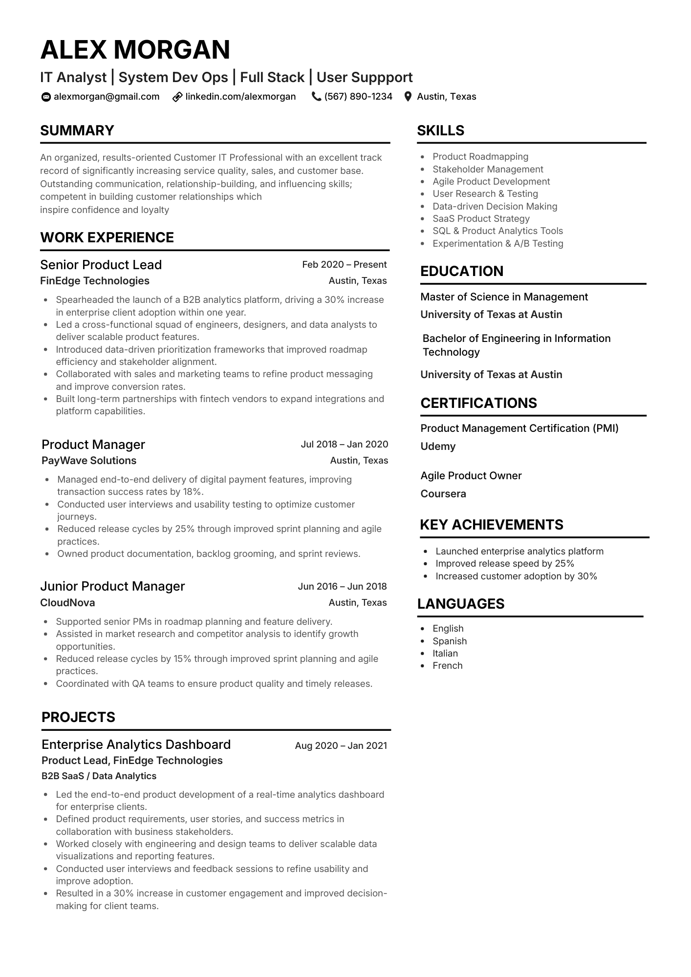 IT analyst resume template with two-column design, experience and sidebar skills for ATS parsing.