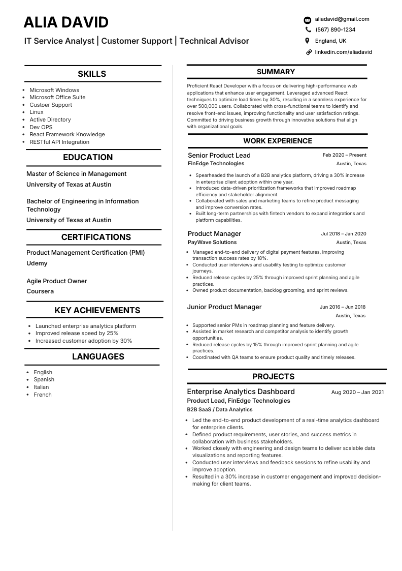 IT service analyst resume template with two-column layout and structured skills and experience sections.