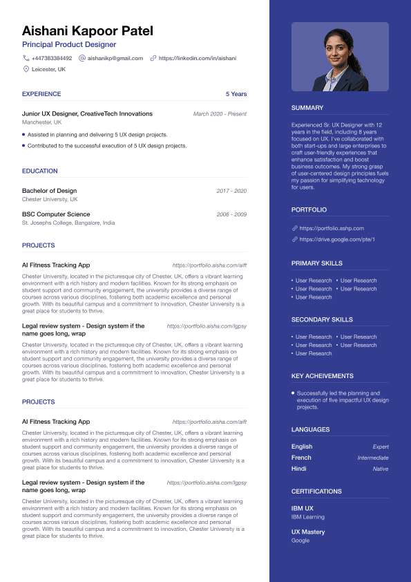 UX designer resume template with main column and blue sidebar, portfolio links, and skills blocks.