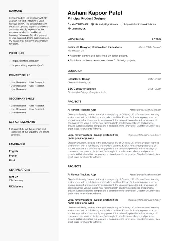 Modern Professional two-column premium resume template preview: ATS-friendly UK CV layout with clear sections, NeuraCV 2026 example
