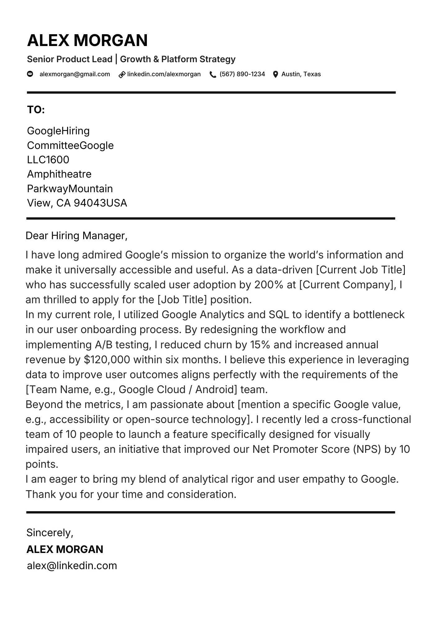 Template for a professional CV letter with strong opening paragraph
