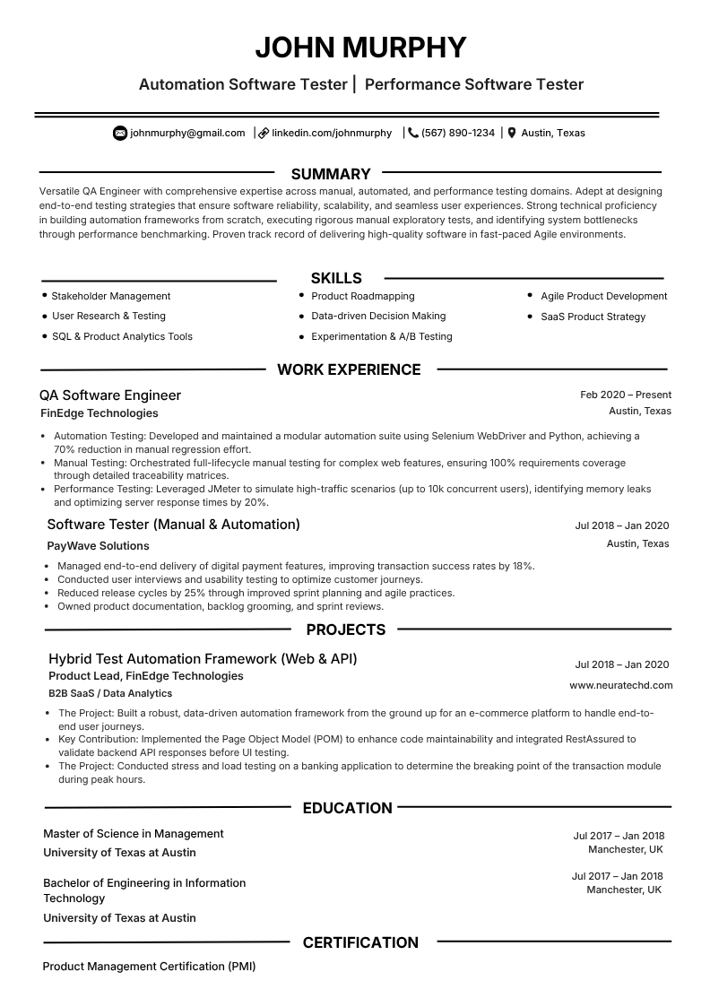 Automation software tester resume template preview