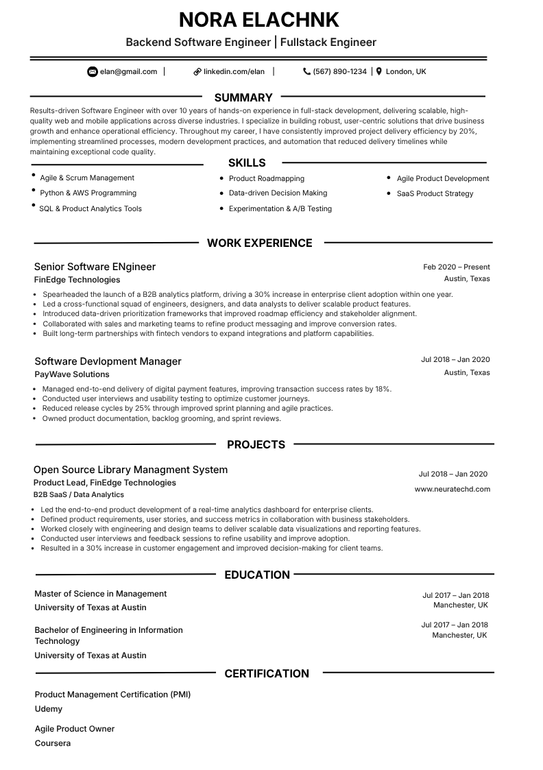 ATS-oriented resume template with skills and experience sections