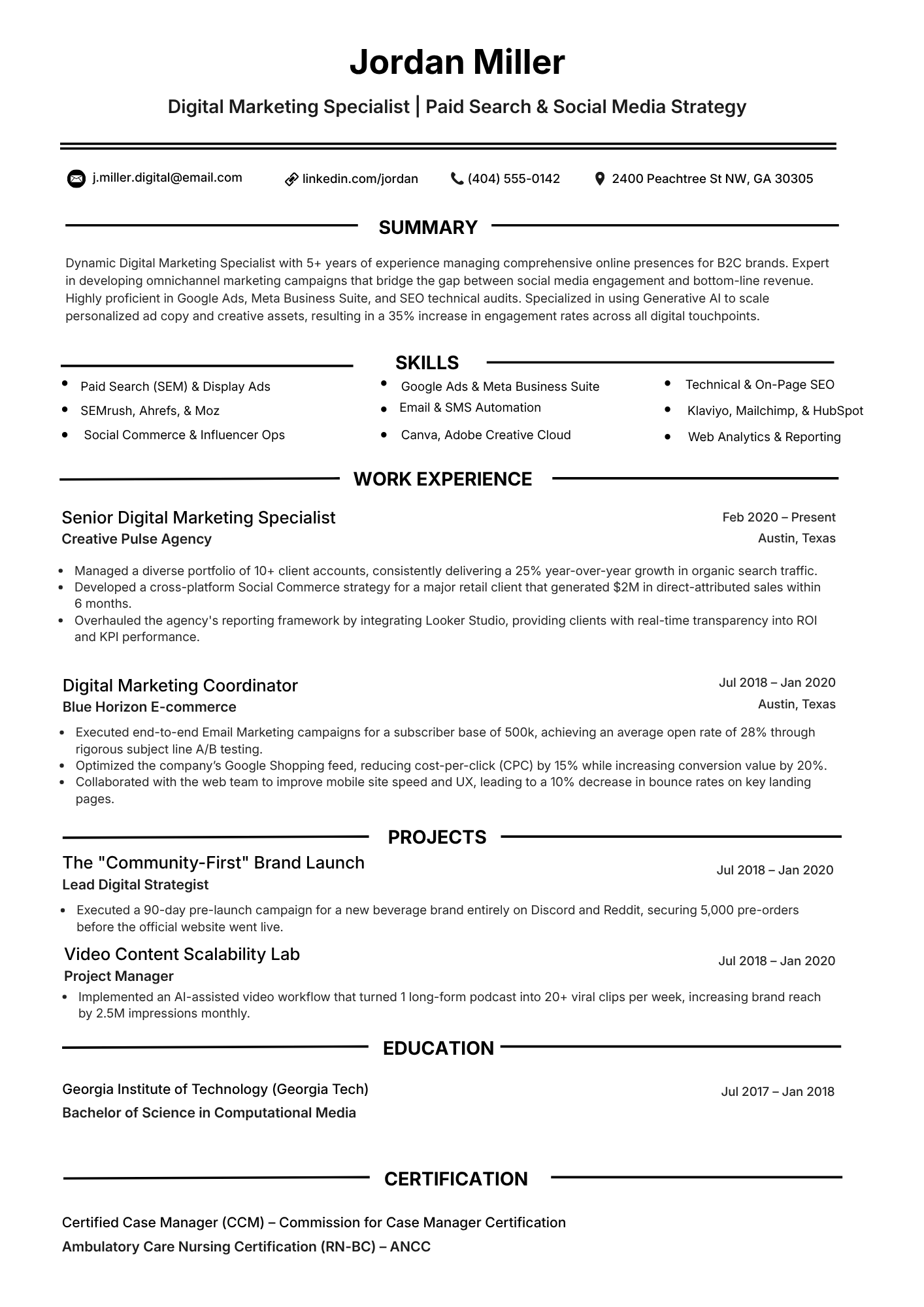 Digital marketing specialist ATS resume sample