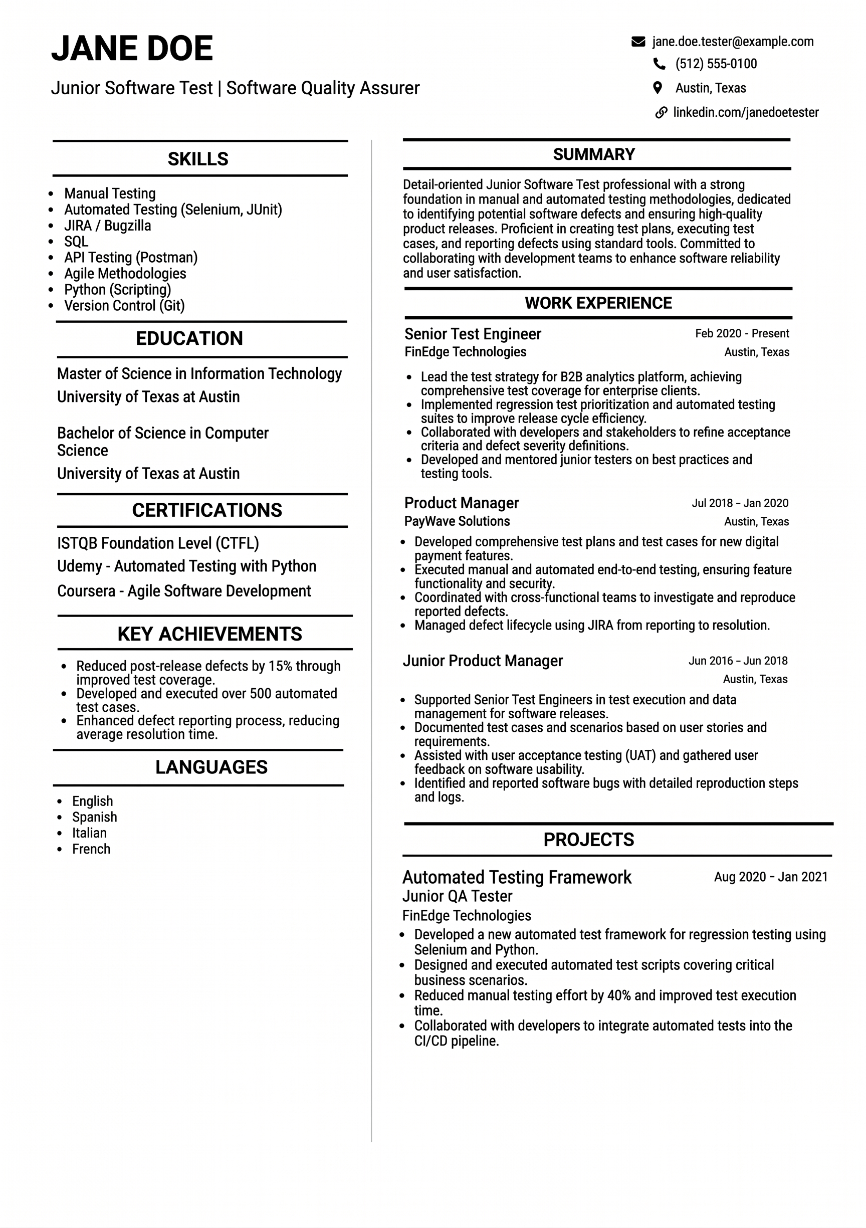 Junior software tester ATS resume