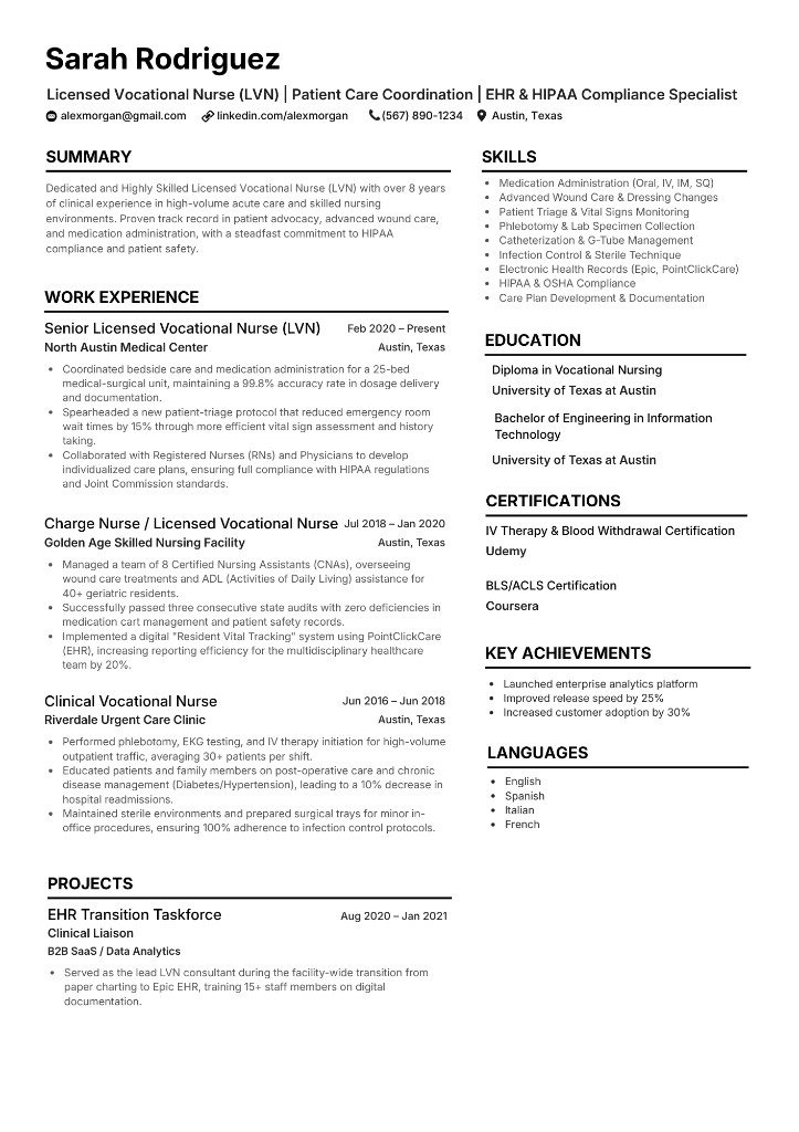 LVN licensed vocational nurse healthcare resume sample