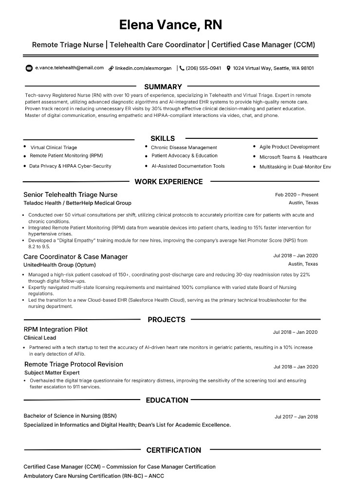 LVN remote triage nurse healthcare resume sample
