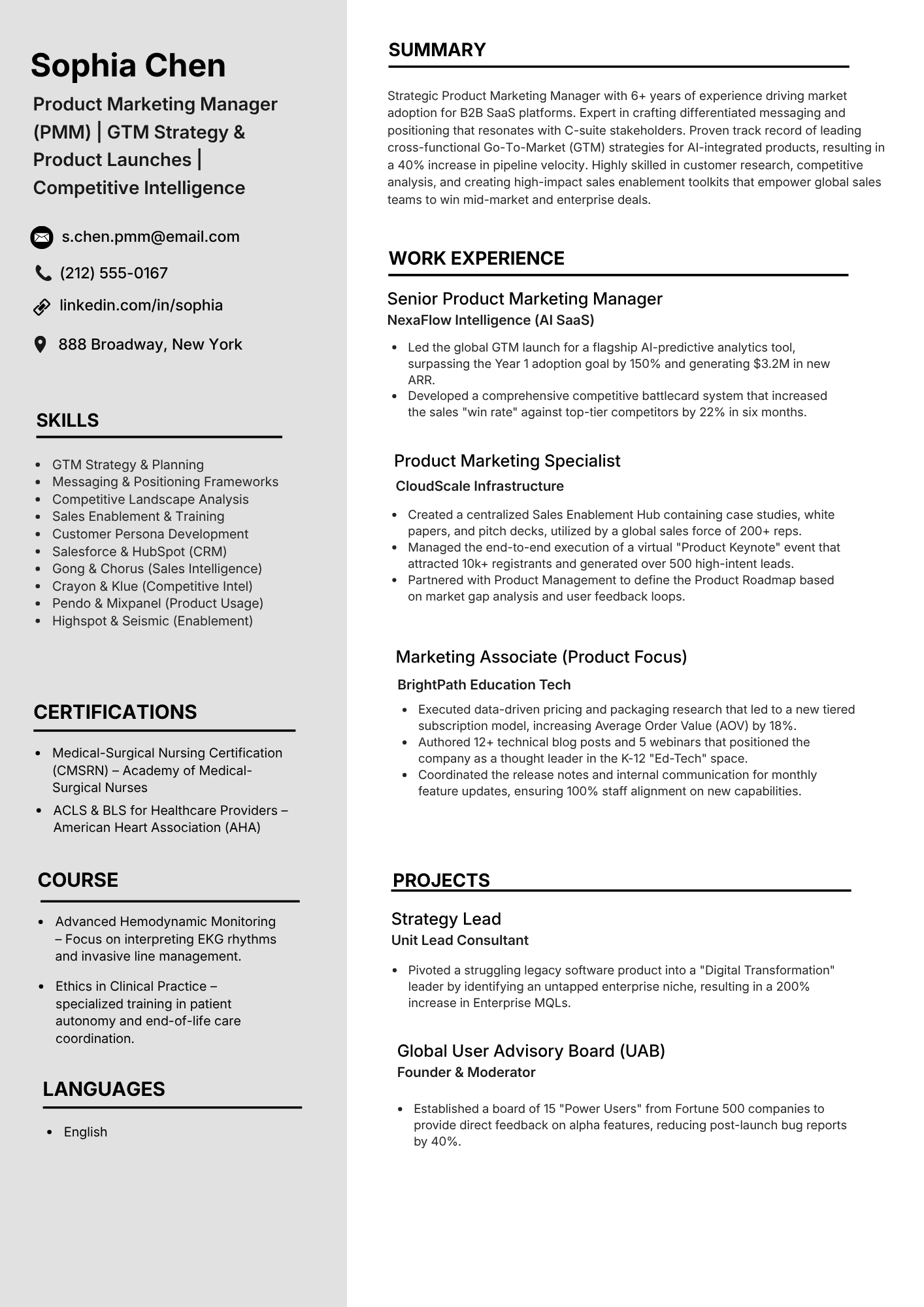 Product marketing manager ATS resume template preview