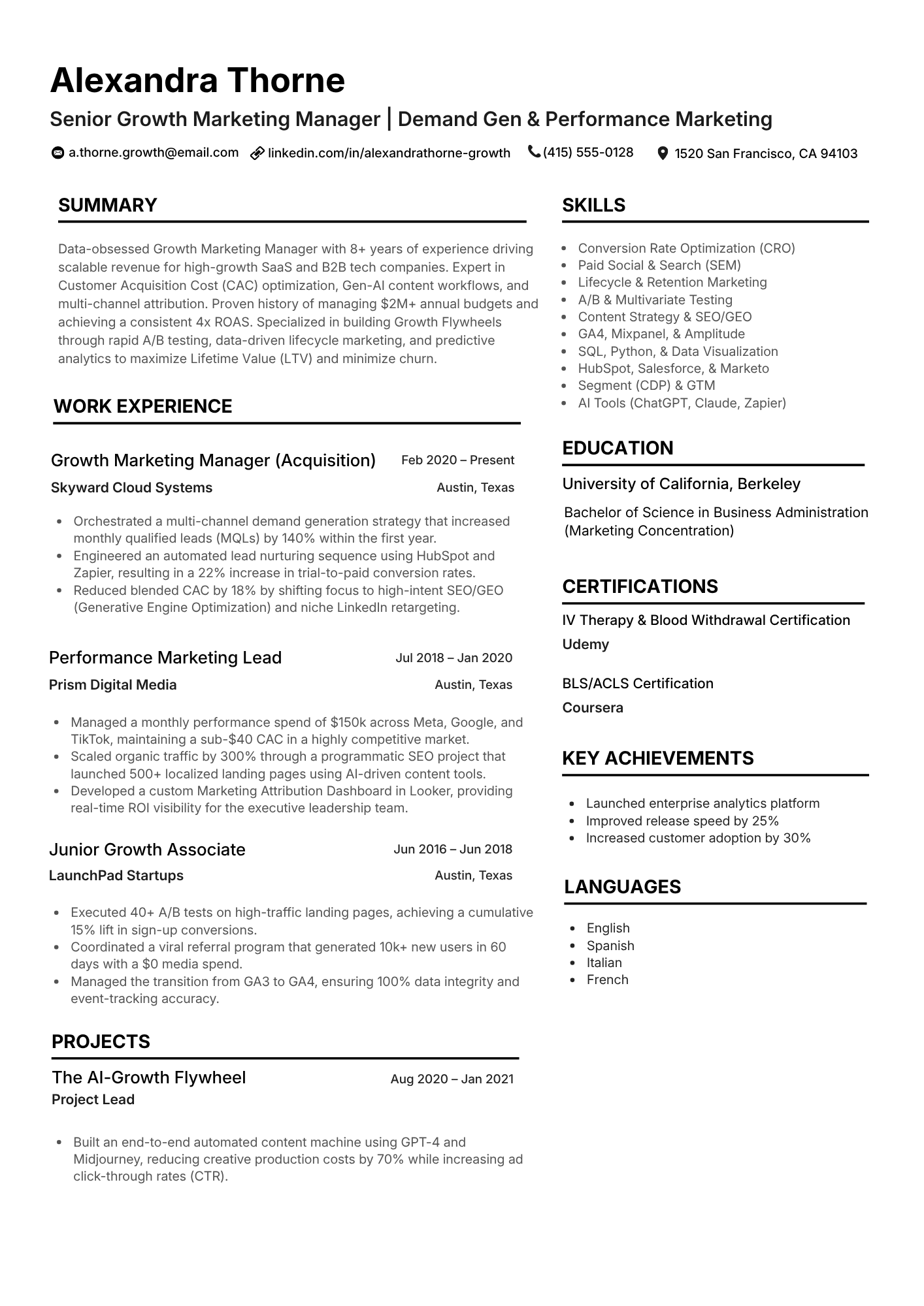 Senior growth marketing ATS resume sample